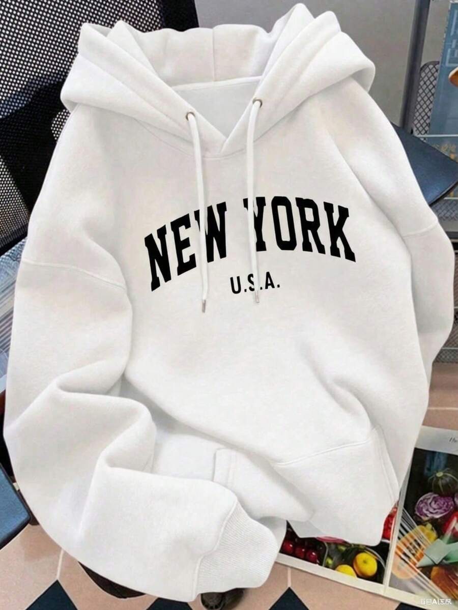 Sudadera casual para mujer con capucha, manga larga, estilo holgado, estampado de letras americanas, primavera otoño, uso diario - Blanco - Ver 1