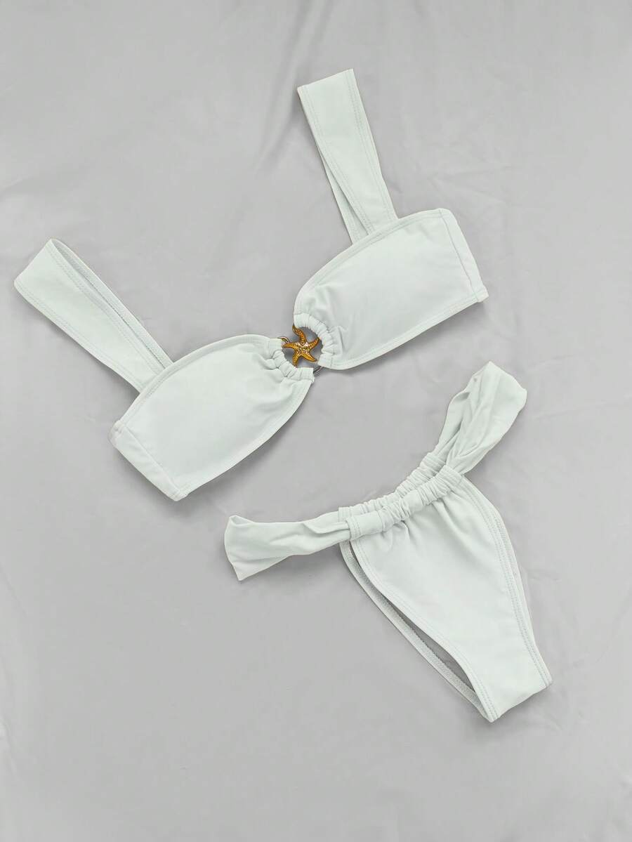 女士Y2K比基尼套装，上衣饰有海星环吊带，下装为丁字裤。比基尼浪漫时尚，适合泳池派对、沙滩派对、下午茶、野餐以及海滩活动、聚会和日常穿着。 - 白色 - 查看 1