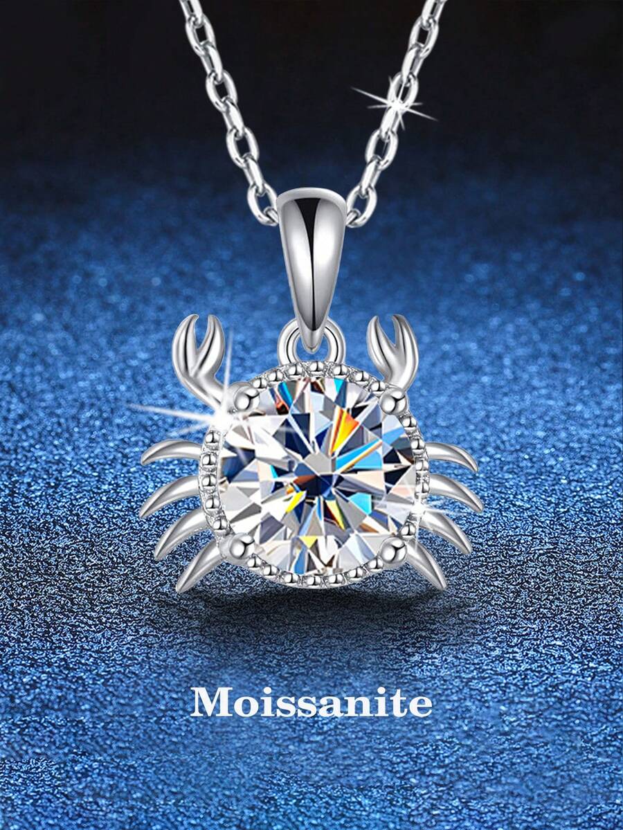 BLOVEMEE 1件奢华925纯银1克拉6.5毫米莫桑石螃蟹吊坠项链，适合女性日常佩戴，情人节、母亲节、结婚纪念日、生日、新年、派对、订婚纪念日等场合的珠宝礼物。 - 銀色 - 查看 1