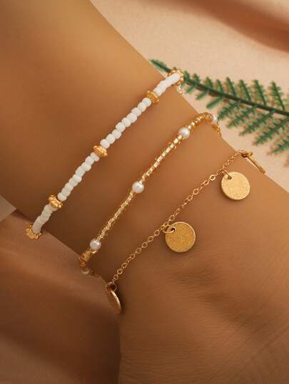 3件套波西米亚风串珠脚链套装，适合夏季海滩、度假、派对佩戴