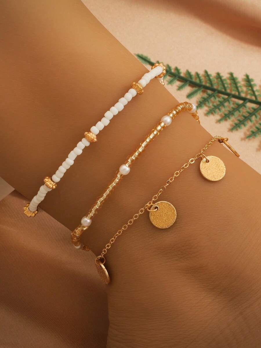 3pcs/Set Bohemian Style Beaded Anklet Set, Suitable For Summer Beach, Vacation, Party Wear - Style 1 - View 1