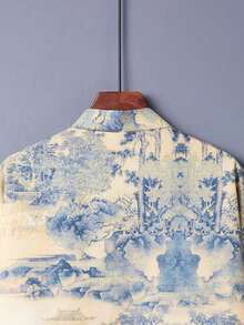 Retro Japanese Style Kimono Cover Up, Chinese Landscape Painting Print, Traditional Tang Suit, Casual Loose Hanfu, Summer Beach Cover-Up - Yellow - View 6