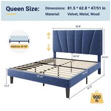 Allewie Full/Queen/King Size Bed Frame With Adjustable Velvet Upholstered Headboard, Rivet-Style Nailhead Trim Detail Platform Bed Frame, Wooden Slat Support, No Box Spring Needed, Easy Assembly, Blue - 藍色 - 查看 9