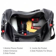 Leather Travel Bag With Shoe Pouch, Waterproof Weekender Overnight Bag, Carry On Duffel Bag For Men Women-Black - 黑色 - 查看 3