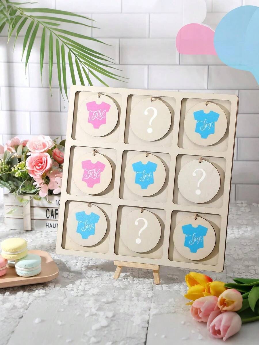 13件套性别揭晓游戏棋盘游戏，包含10个游戏棋子、1卷绳子、1个支架，趣味迎婴派对用品（男孩或女孩皆可），桌面装饰（T恤）