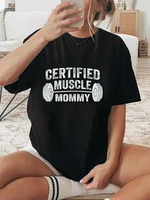 100% Cotton Certified Muscle Mommy T-Shirt Women Graphic T-Shirt Cotton Print Short Sleeve Casual Top, Summer Tee Womens Tops - Black - View 6