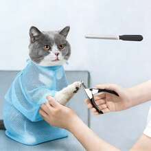 这是一套猫咪指甲修剪套装，包含宠物指甲钳、指甲磨刀器和猫咪清洗袋。指甲钳猫狗均适用。 - 彩色 - 查看 11