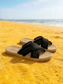 Women's Black Sandals, Women's Flat Plastic Sandals, New Summer Criss-Cross Sandals, Fashion Versatile, Women's Sandals, Slippers, Soft Open Toe Flat Sandals, Women's Flat Sandals, Black Sandals, Women's Slippers, Lightweight Soft-Sole, Holiday Sandals, Casual Comfortable, Beach Sandals, Elegant Women's Sandals - Black - View 2