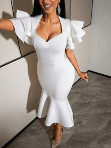 Vestido elegante y noble blanco ajustado con bajo de sirena para mujer AOMEI, escote en forma de corazón, mangas cortas con volantes, elegante para fiesta, invitada de boda, aniversario de boda, vestido de verano - Blanco - Ver 4