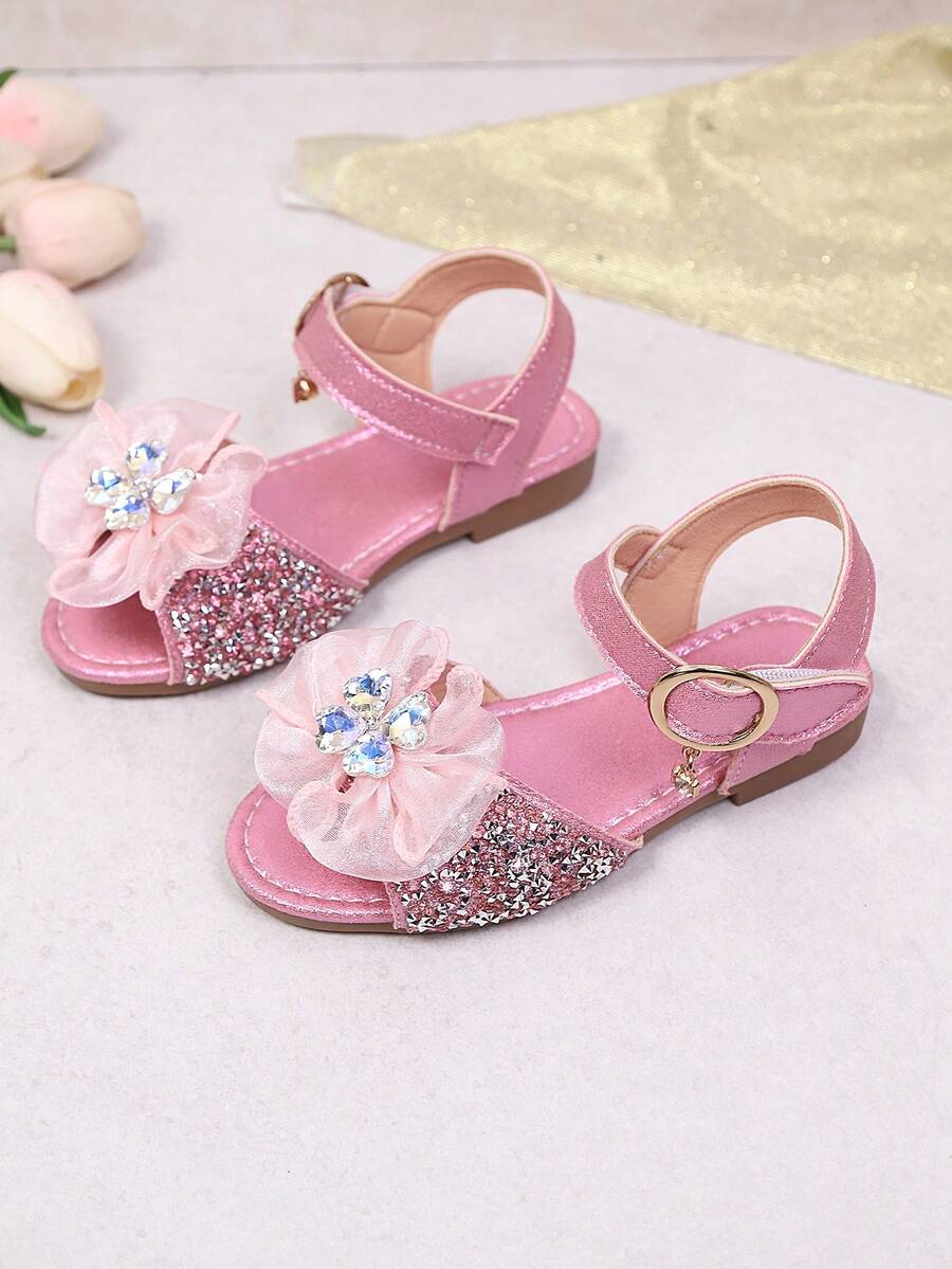 1双复古女童凉鞋，镂空蝴蝶结和水钻装饰，甜美风格，夏季新款防滑橡胶鞋底露趾透气时尚，适合派对、度假，透气露趾沙滩鞋，软底防滑沙滩凉鞋 - 粉色 - 查看 1