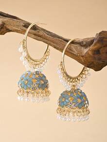 1 Pair Fashionable Alluring Crystal Flower Pendant Earrings, Bollywood Style Faux Pearl Pendant Jewelry, Elegant Traditional Pakistani Jhumka Earrings, Suitable For Women's Daily, Festival, Wedding, Party Wear, Also A Precious Jewelry Gift - Birdcage Pendant - View 19