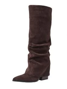 Women's Fold Over Boots Slouch Knee High Boots For Women Wedge Heel Pointed Toe Tall Boot, Wide Calf, Pull-On Shark Boots - 棕色絨面 - 查看 8