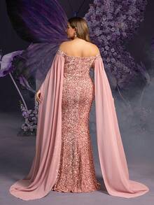 Faeriesty Elegante vestido de fiesta de maternidad talla grande con hombros descubiertos y mangas extra largas hasta los tobillos para mujeres | Parte superior del Body con aplicaciones de lentejuelas y mangas de gasa extra largas, perfecto para bodas de primavera, celebraciones del Día de la Madre, eventos de baby shower, fiestas de jardín - Rosa vieja - Ver 3