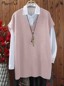 Plus Size Women Plus Size Pullover Sweater, Casual Comfortable V-Neck Sleeveless Knit Top - Dusty Pink - View 2