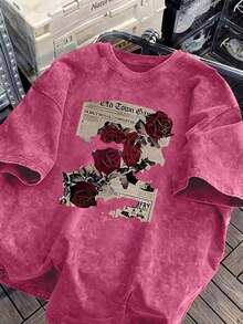 1 PcsWomen's Retro Rose And Newspaper Cartoon Letter Pattern Prints On The Street, Korean-Style Comfortable Retro Fashion Commuting Versatile Y2k Women's Clothing, Regular Niche Punk Style Black Fitted Round-Neck Short-Sleeved Washed T-Shirt, Washed Retro Series Comfortable Pure Cotton T-Shirt, Easily Create Retro Casual Wear, Suitable For Daily Commuting, Leisure Outings, Daily Outfits, Classic Retro Style Women's Clothing - 玫紅色 - 查看 11