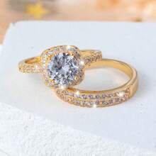 2 件/套女士奢华闪亮金合金锆石装饰订婚戒指套装，适合日常佩戴、婚礼订婚派对、情人节、生日礼物 - 金色 - 查看 3