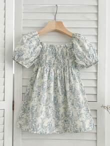 Girls' Floral Bubble Sleeve Princess Dress, New Summer Collection - Blue - View 2