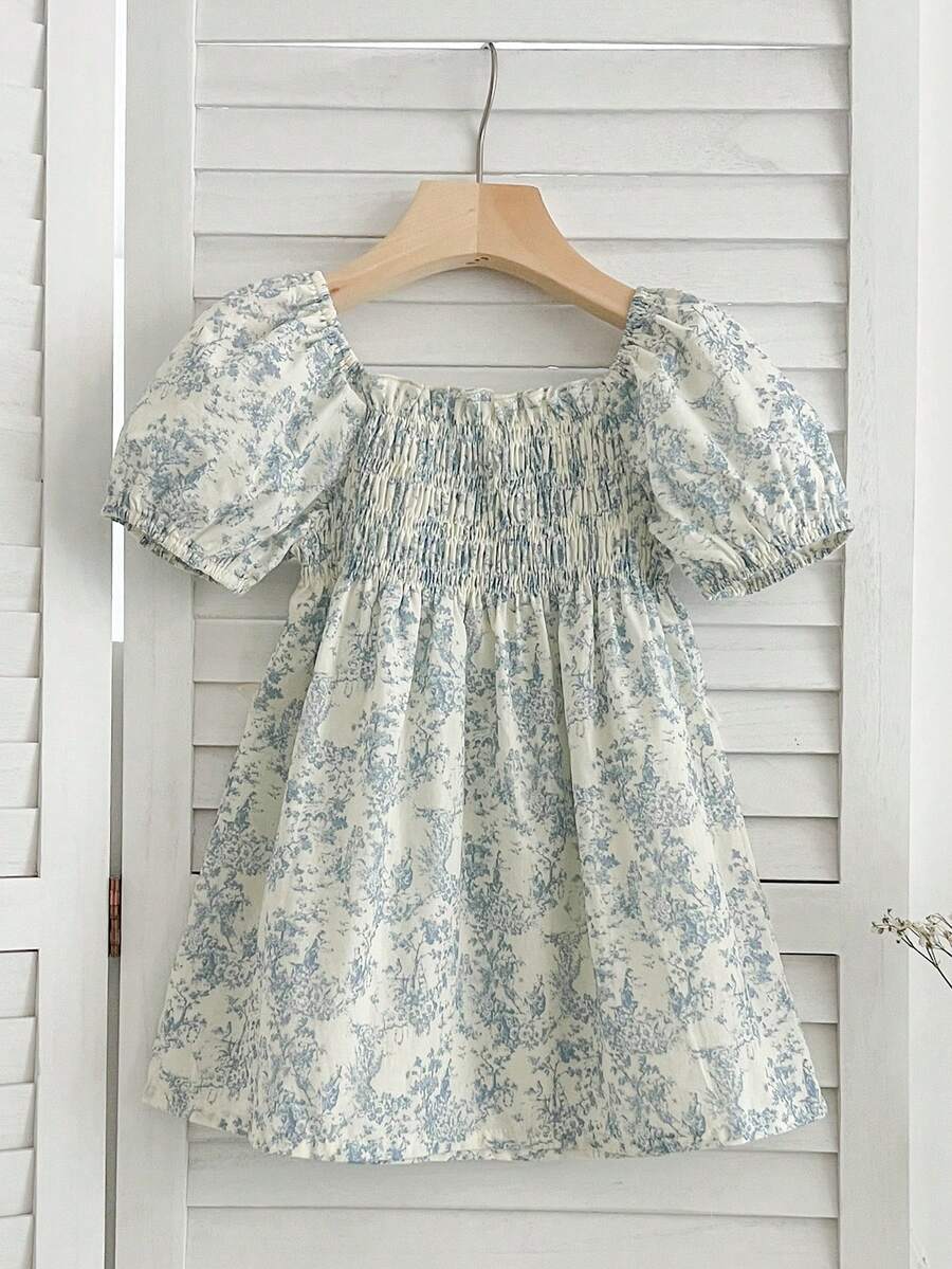Girls' Floral Bubble Sleeve Princess Dress, New Summer Collection