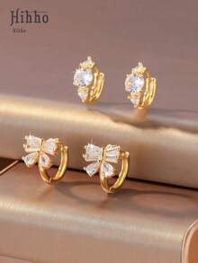 Hihho 6pcs Set Of Luxury European & American Design Hoop Earrings, Butterfly & Multi-Element Classic Retro Cubic Zirconia Earring Set, Minimalist Elegant Earrings, Suitable For Daily Stacking Or Single Wear, Great Gift Choice - Gold - View 5