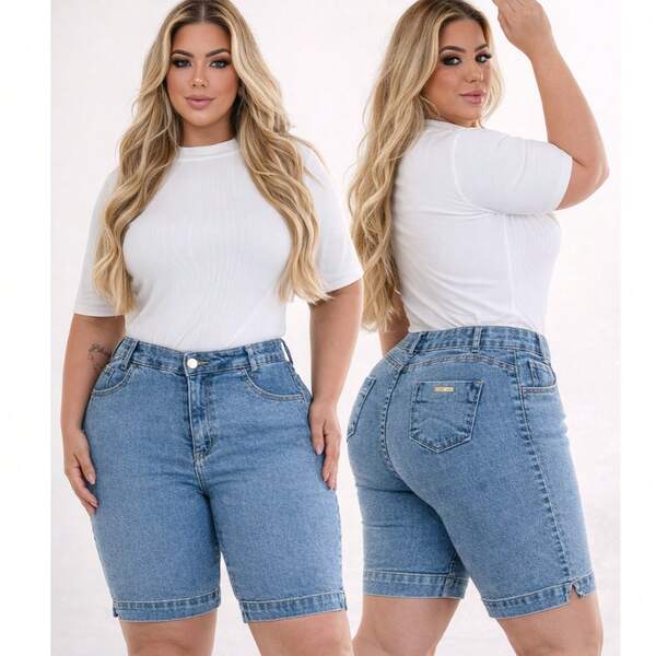 Bermuda Jeans Plus Size Carnaval Cintura Alta Modeladora  Casual    Jeans    Botão  Zíper  Bolso    Plus Size  Casa  Feriado  Férias