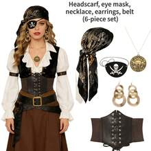 6 pièces Ensemble d'accessoires de costume de pirate : bandana, ceinture, collier, cache-œil, bagues. Essentiel pour les femmes pour une fête à thème pirate, un bal masqué, une tenue de fête, des accessoires de costume de carnaval - Multicolore - Voir 1