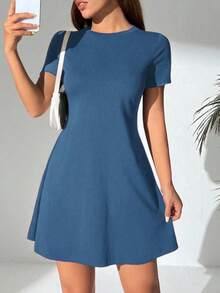 Vestido Corto De Mujer Comodo y Sexy Ligero y De Calidad Colores Solidos - Azul Denim - Ver 3