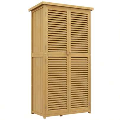 Wooden Garden Shed/Tool Shed With Asphalt Roof, Louvered Door, Garden Storage Unit, 4 Compartments, Light Yellow, 87 X 46.5 X 160 Cm