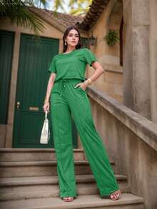 Suede Set: Wide-Leg Pants And Basic T-Shirt Blouse, Sizes M To EXG Plus Size - Green Flag - View 1