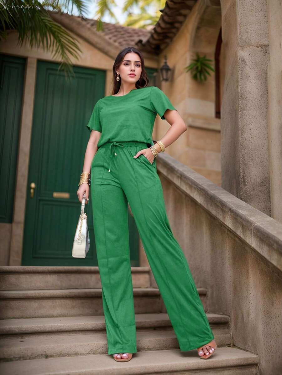 Suede Set: Wide-Leg Pants And Basic T-Shirt Blouse, Sizes M To EXG Plus Size - Green Flag - View 1