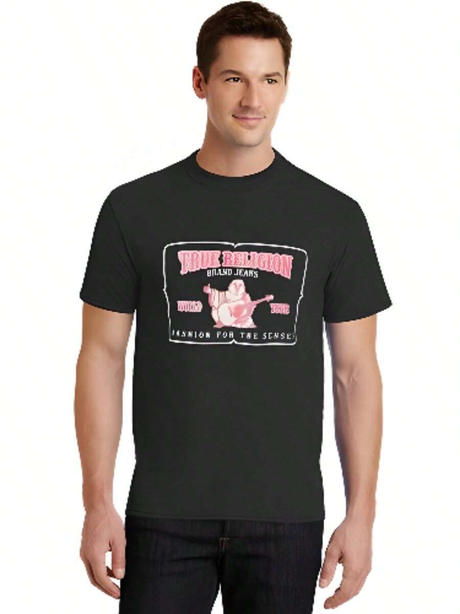 True Religions Vintage Cotton T-Shirt Women Men Short Sleeves Men Casual Loose Graphic Crew Neck T-Shirt Printed Oversized Tees - 黑色 - 查看 1