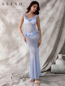 Aliao 精致 3D 立体花朵提花镂空透视 V 领收腰长裙，夏季沙滩装，优雅日常穿搭，派对礼服，新年装，复古富贵风，情人节装，婚礼宾客礼服，春季装，优雅派对礼服 - 淺藍色 - 查看 4