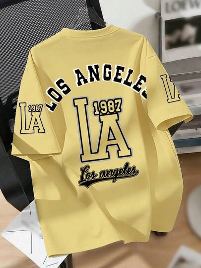 Teenage Boys' Retro LA Academy Design Short Sleeve Loose Comfortable Breathable T-Shirt, Casual Campus Summer Wear, Boys Tops