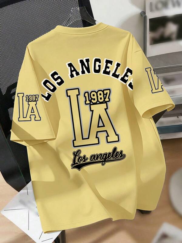 Teenage Boys' Retro LA Academy Design Short Sleeve Loose Comfortable Breathable T-Shirt, Casual Campus Summer Wear, Boys Tops