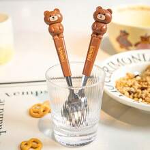 2 Piezas Juego de Cuchara y Tenedor de Acero Inoxidable Portátil, Incluye Estuche Transparente Reutilizable, Ideal para el Hogar, Escuela, Picnics y Camping al Aire Libre - Oso café - Ver 6