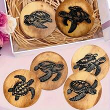 6pcs Simple Sea Turtle Pattern Wooden Coasters Set, Heat-Resistant, Suitable For Coffee, Tea, Etc. Ideal For Decorating Kitchen, Car, Home And Restaurant - Perfect Gift For Holidays - Brown - View 1