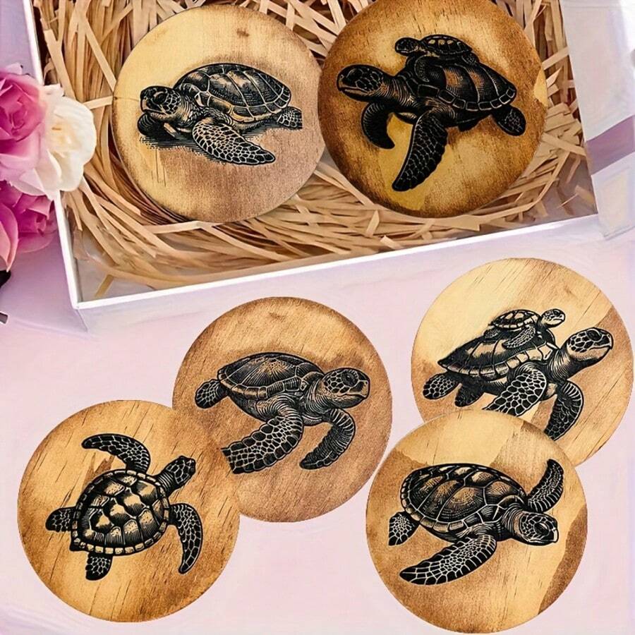6pcs Simple Sea Turtle Pattern Wooden Coasters Set, Heat-Resistant, Suitable For Coffee, Tea, Etc. Ideal For Decorating Kitchen, Car, Home And Restaurant - Perfect Gift For Holidays - Brown - View 1