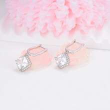 925纯银立方氧化锆方形吊坠耳环，优雅日常佩戴，生日礼物 - 銀色 - 查看 4