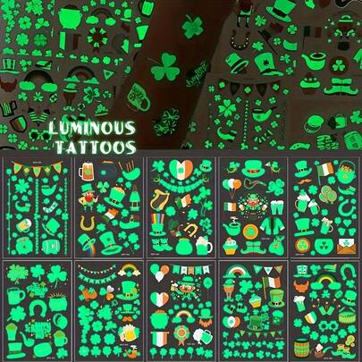 10 片装圣帕特里克节夜光临时纹身贴纸，发光幸运绿三叶草帽爱尔兰国旗气球庆祝图案，爱尔兰游行表演庆祝派对装饰填充用品