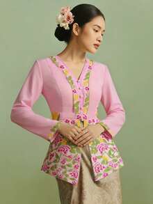 Nyonya Kebaya，女士 Kebaya，传统土生华人服装，优雅刺绣长袖衬衫夹克，粉色上衣，开斋节服装 - 粉色 - 查看 5