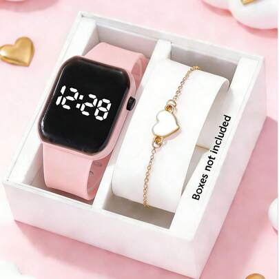 Bộ 2 món gồm đồng hồ kỹ thuật số LED và vòng tay hình trái tim, phụ kiện thời trang dành cho thanh thiếu niên và học sinh, thích hợp làm quà tặng tựu trường, Giáng sinh, sinh nhật hoặc đeo hàng ngày.