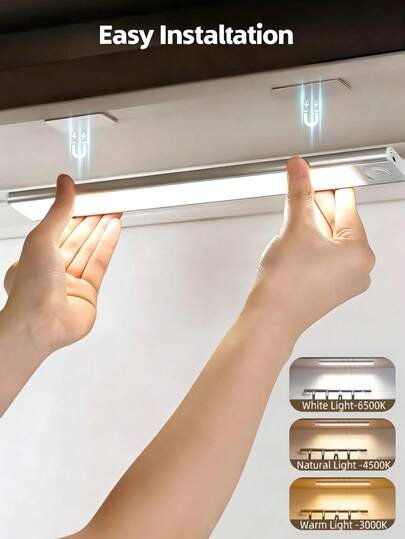 1 adet Manyetik LED Dolap Aydınlatma Şeridi, Metal Fırçalanmış Yüzey, Şarj Edilebilir Pil, 3 Renk Kısma ve Hareket Sensörü, Düğme Kontrolü, Mutfak, Gardırop, Merdivenler İçin Uygun, Kablosuz Kızılötesi Sensör, USB Şarj Kablosu Dahil, Çıkarılabilir Plastik Abajur Difüz Işık