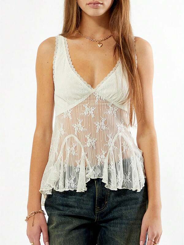 Womens Lace Tank Tops  Sleeveless V Neck Solid Color Ruffle Tops Slim Fit Shirts