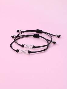2 Piezas/set Pulsera De Aleación De Zinc Con Forma De Número 8 Para Niñas Y Tejido Con Cordón De Cera Negra, Apta Para Uso Diario - Negro - Ver 6