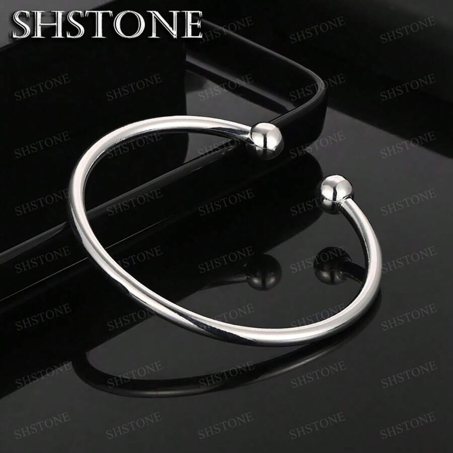 Brazalete abierto de plata de ley 925 chapado en plata de 4 mm de cuentas sólidas y lisas, joyería de moda para hombre y mujer, regalo para boda, compromiso y fiesta - Plateado - Ver 1
