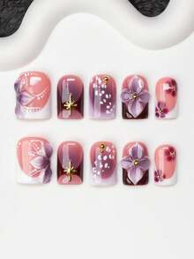 10片方形手工美甲贴片，Y2K 酷炫风格，裸色、白色、紫色，法式边缘，雕刻花朵、星星图案，闪亮美甲贴片，适合派对、婚礼、日常佩戴，包含工具包，是送给女性和女孩的绝佳礼物。 - 彩色 - 查看 2