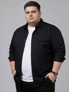 男士立领长袖衬衫，户外加大码单口袋休闲长袖衬衫，经典黑色立领衬衫 - 黑色 - 查看 1