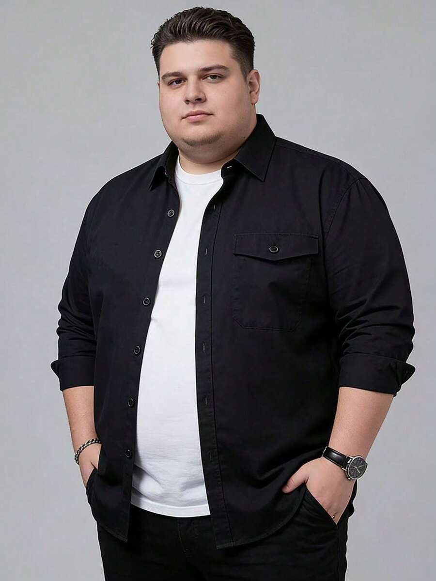 男士立领长袖衬衫，户外加大码单口袋休闲长袖衬衫，经典黑色立领衬衫 - 黑色 - 查看 1