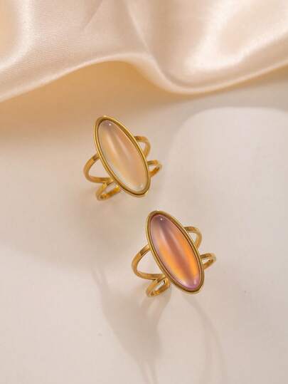 2 Peças Conjunto de Anéis Abertos Vintage Dourados de Aço Inoxidável em Formato de Losango, Incrustados com Gemas Brancas e Marrons, Adequado para Uso Diário de Adolescentes ou Presente