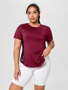 Camiseta de manga corta de mujer talla grande, casual y deportiva, con parches de malla, para verano - Burdeos - Ver 8
