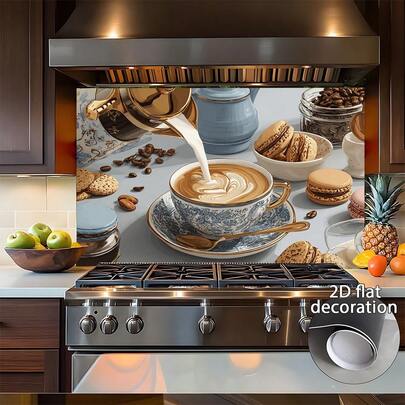 1 miếng dán trang trí tường nhà bếp chủ đề cà phê - Hình ảnh Latte Art, Cappuccino, Bánh ngọt sống động như thật - Nhãn dán PVC tự dính, dễ dán và gỡ bỏ, không để lại cặn - Trang trí quán cà phê hiện đại, phù hợp cho nhà cửa, văn phòng, quán cà phê - Thiết kế Latte Art với cốc, đĩa và hạt cà phê - Món quà lý tưởng cho người yêu cà phê, trang trí nhà cửa, tác phẩm nghệ thuật hiện đại, in chất lượng cao, nhãn dán trang trí, nội thất gia đình, hình ảnh phẳng 2D